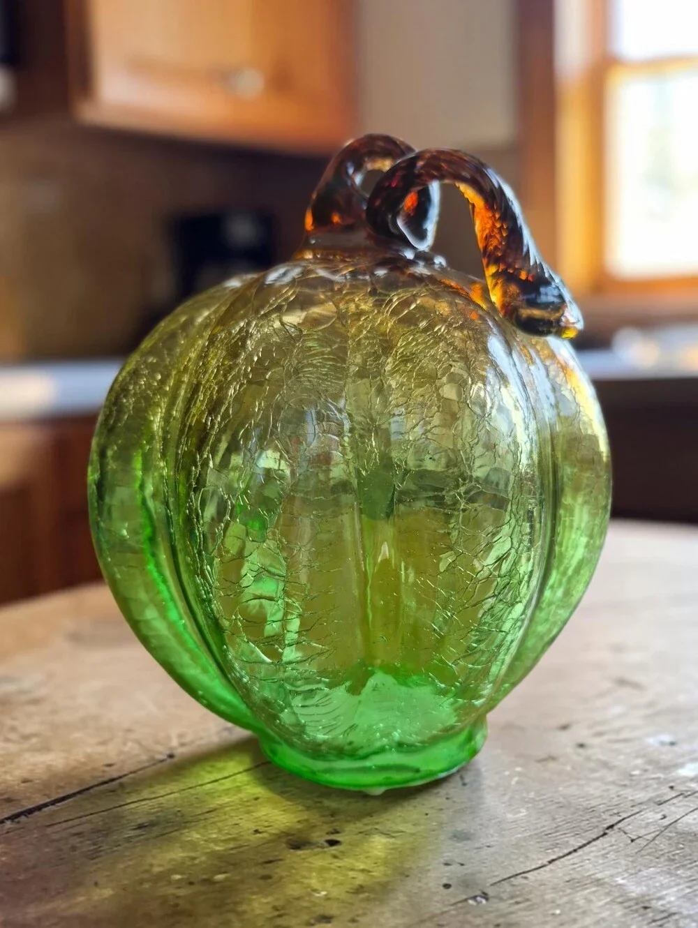 Hand Blown Green Crackle Glass Pumpkin Amber Stem Fall Decor